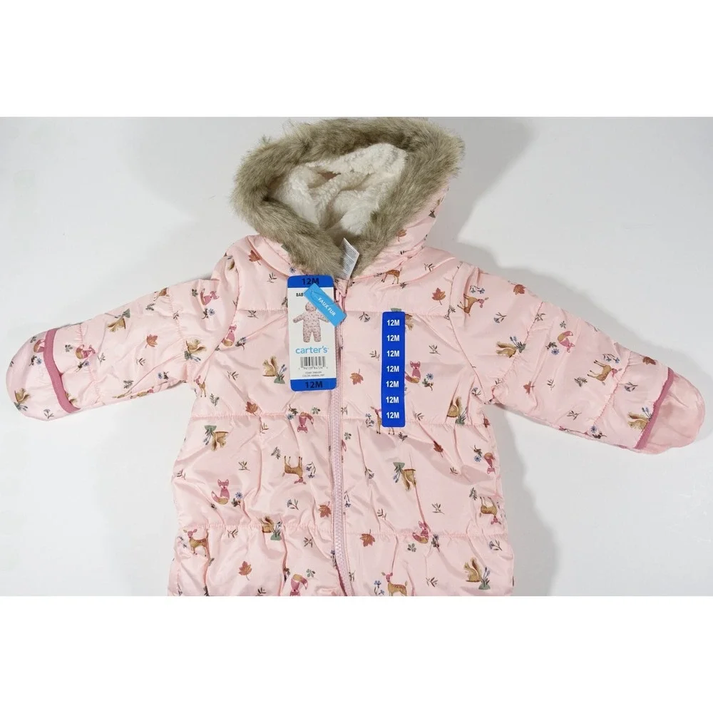 Carters Baby Pram Suit Snowsuit 12 Month Foldover Cuffs for Hand Feet Faux Fur